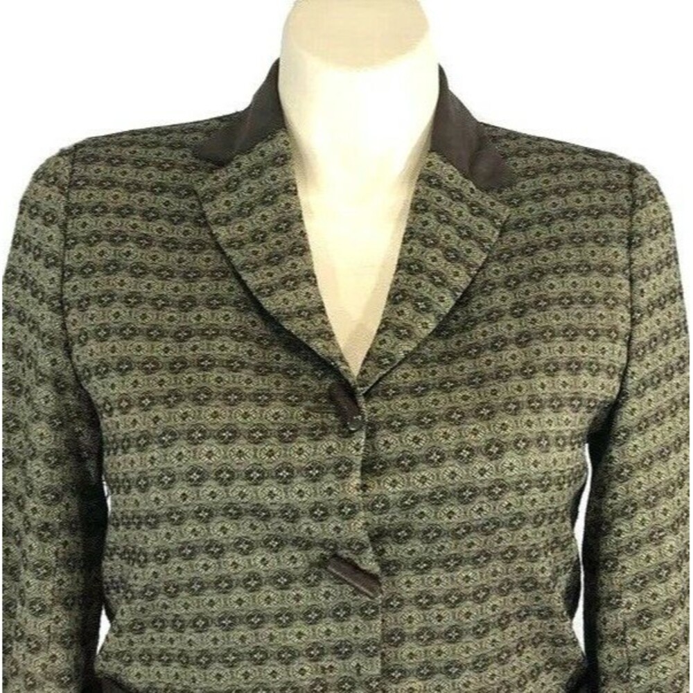 AURA Blazer 10 Olive Green Brown Jacquard Virgin Wool Blend Bow Tie Jacket Work